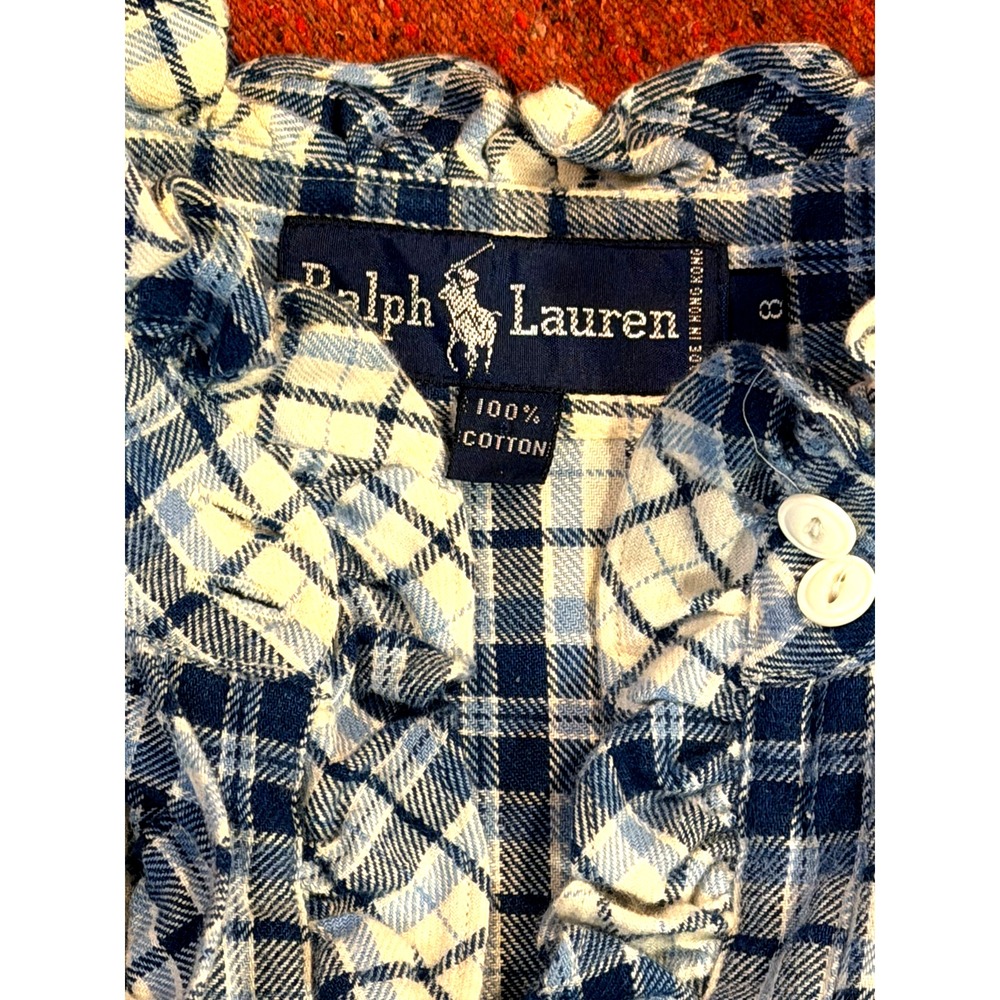 Ralph Lauren Women Sz 8 White Plaid Flannel Ruffled Mock Collar Long Sleeve - Picture 8 of 10